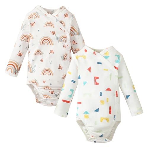 DEFAHN Baby Kimono Onsies 2 Pack Soft Cotton Baby Kimono Bodysuit with Side Snap Closure & Mitten Cuff for Newborns & Infant at Amazon