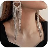Denifery Tassel Rhinestone Heart Earrings Big Earrings Long Chandelier Fringe Chain Crystal Dangle Drop Earring Vintage Bridal Party Jewelry for Women (Silver)