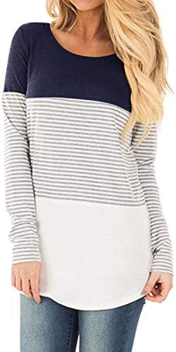 YunJey Short Sleeve and Long Sleeve Round Neck Triple Color Block Stripe T-Shirt Casual Blouse