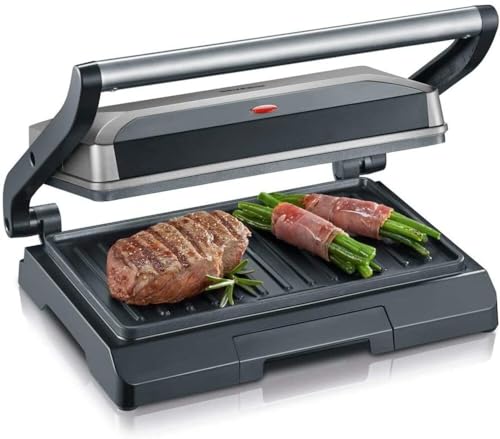 SEVERIN Kontaktgrill fuer Sandwiches, Steak und als Panini Grill, antihaftbeschichteter Sandwich Maker fuer fettfreies Grillen, 800 W, metallic grau/schwarz, KG 2394