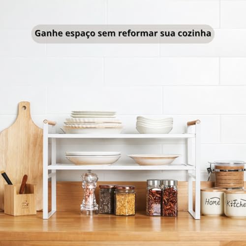 Prateleira Organizadora de Cozinha 2 Andares 33x33x20cm | Organizador de Armário Aramado em Metal Resistente com Cabo de Madeira Antiferrugem para Louças e Utensílios (Branco)
