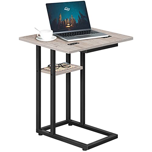 HOOBRO C-Shaped Side Table for Living Room, C Shaped Sofa End Table with Storage Shelf, Slim Couch Snack Table for Small Spaces, Foldable Tabletop, Easy Assembly, Greige and Black EBG29SF01