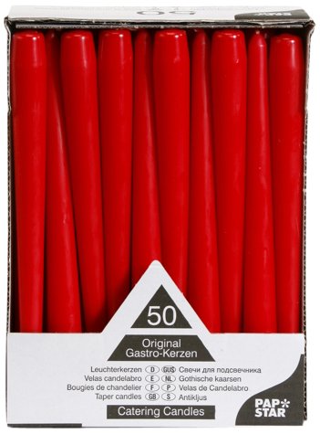 Papstar Leuchterkerzen / Halterkerzen rot (50 Stück) Ø 2.2 x 25 cm, lange Brenndauer 7h, rußfreies Abbrennen, für Gastronomie