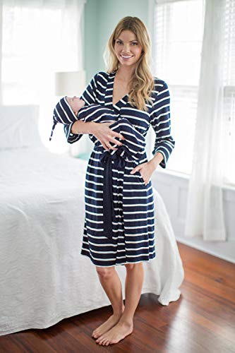 Matching Maternity/Delivery Robe with Baby Swaddle Set, Mom and Baby (Navy Blue Stripe, L/XL pre Pregnancy 12-18) - Thumbnail 2