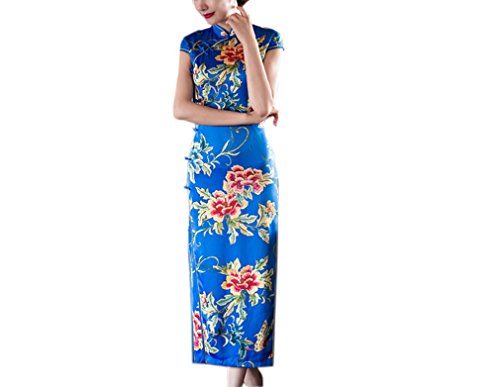 XueXian(TM) Women's Summer Party Cheongsam Long Qipao Evening Dress Blue