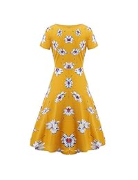 Vestido a media pierna con cuello redondo y manga corta estampado acampanado informal de verano vintage para mujer