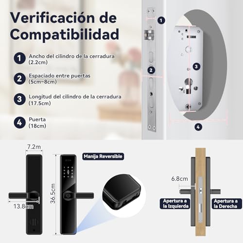 LOKOOY Cerradura Inteligente Q6 WIFI, Alarma Anti-forzamiento, SIN NECESIDAD DE PUERTA DE ENLACE, 6 Métodos de Apertura, TTLOCK WIFI App/App Bluetooth/Huella Digital/Tarjeta IC/Contraseña/Llave Física