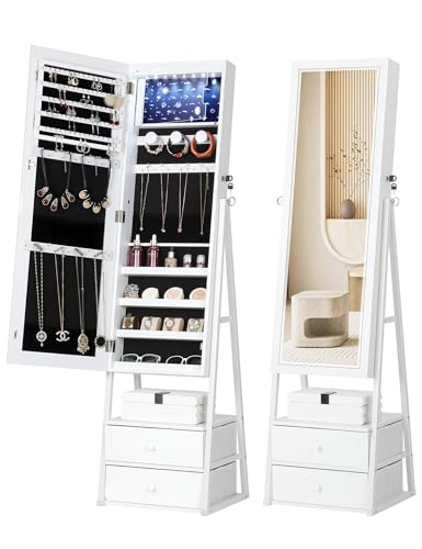 Nicetree LED Jewelry Cabinet Armoire with 2 Drawers, Lockable Standing Mirror Jewelry Cabinet, Full Length Mirror with Jewelry Storage, Christmas Gifts, White
