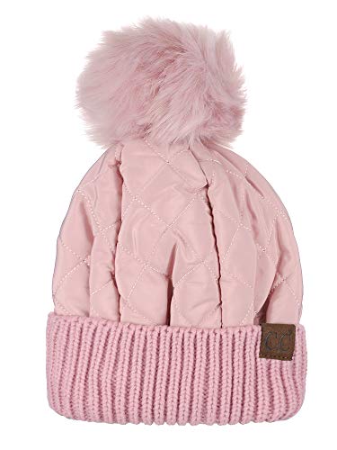 C.C Soft Quilted Puffer Detachable Faux Fur Pom Inner Lined Cuff Beanie Hat, Rose