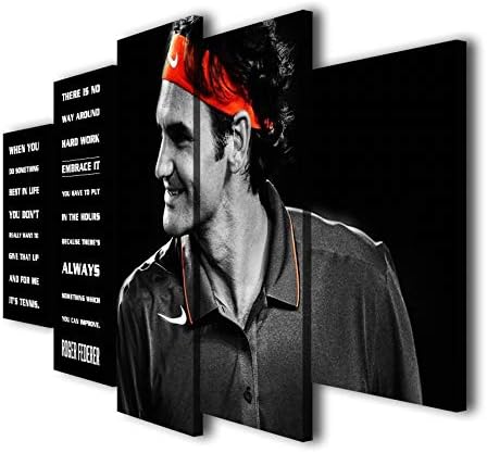 Susu Art - 5 Panels Roger Federer Tennis Motivation Canvas Quotes Giclee Print Painting Picture Wall WPAP Pop Art Home Decor Gifts (with Framed, Size 2: 12x16inx2pcs, 12x24inx2pcs, 12x32inx1pc)