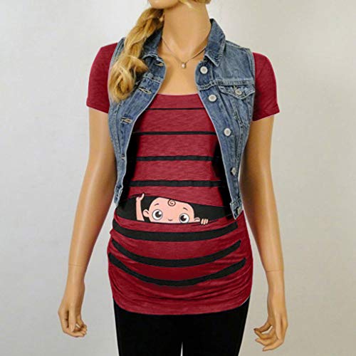 Woman Maternity T-Shirt,Stripe Baby Print Short Sleeve Ruched Side Top, Pregnancy Funny Fashion Style Blouse (Red, M)