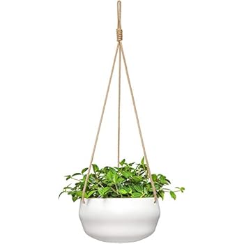 Mkono Ceramic Hanging Planter for Indoor Plants Modern Outdoor Porcelain Hanging Plant Holder 8 Inch Geometric Flower Pot with Polyester Rope Hanger for Herbs Ferns Ivy, White
