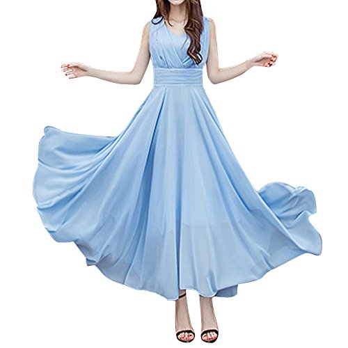 Summer Womens Bridesmaid Chiffon Maxi Swing Dress Ladies Party Club Evening Gown Beach Sundress Sleeveless Solid Dress (Sky Blue, S)