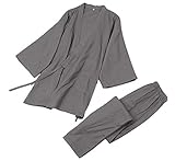 Soojun Men's Solid Color Kimono Top with Pocket and Pant Pajamas Set, Style 1, Grey