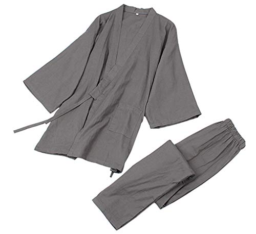 Soojun Men's Solid Color Kimono Top with Pocket and Pant Pajamas Set, Style 1, Grey
