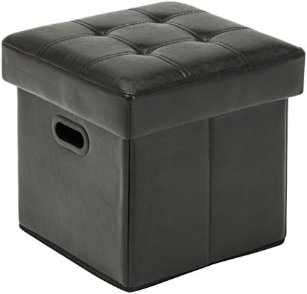 [ New Year Deal ] Azufi 15” Faux Leather Folding Storage Ottoman / Footstool / Bench with Dual Plastic Handles, Button-Tufted Pattern, Black