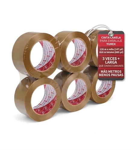 YUREX Cinta Canela 48mm x 135m Industrial 810m Totales Rinde Tres Veces Mas Pack 6 Adhesivo Fuerte y Silencioso sin Residuos Cinta de Embalaje Extra Larga para Cajas y Mudanzas Mas Metros por Rollo