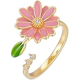 Dainty CZ Pink Daisy Flower Adjustable Open Ring for Women Gold Plated Cute Crystal Enamel Floral Statement Stackable Finger Wrap Rings Comfort Fit Engagement Promise Wedding Party Jewelry