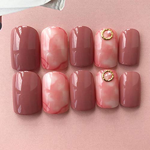 Evazen 24Pcs Nude Pink Texture Glossy False Nails with Pearl Glitter Short Square Nails Full Cover Salon Nails Art Tips for Women