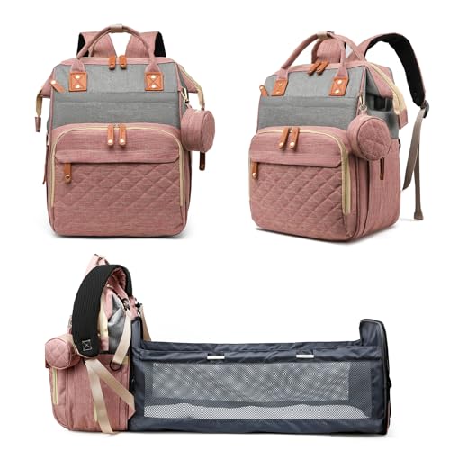 Fexkean Baby Changing Bag Backpack,Multifunction Baby Diaper Bag Travel Back Pack for Boys & Girls Waterproof Stroller Straps Large Capacity (Pink&Gray)