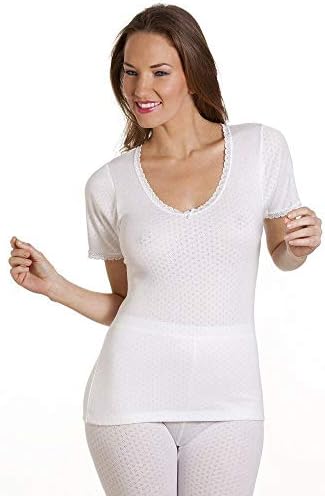 6 x Ladies Thermal Short Sleeve T-Shirts or Long John Janes, Warm Ski Wear/Underwear Trousers Vest Set [Sizes S M L XL 2XL; Colour: White]