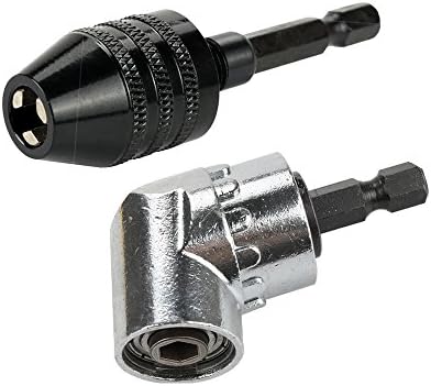 OSNY 1PC 0.3-6.5mm Keyless Drill Chuck Conversion Tool Screwdriver Adaptor + 1PC 105 Degree Right Angle Driver Angle Extension Power Screwdriver Drill Attachment (A)