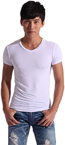 Confreebroon Mens Modal Short Sleeve V Neck T-shirt (White, 2xl)