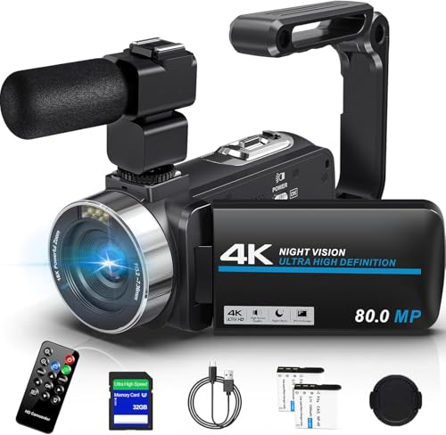 Camcorder Video Camera 4K HD 80MP Vlogging Camera for YouTube, 30FPS IR Night Vision Camera, 18X Digital Zoom 3.0 270°IPS Screen Video Camera with SD Card, 2 Batteries, Remote Control, and Stabilizer
