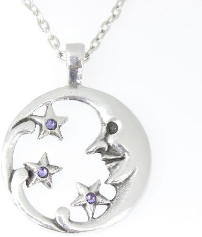 Pewter Moon Face with Stars Pendant on Chain w/ 3 Swarovski Crystals Lavender June Birthday