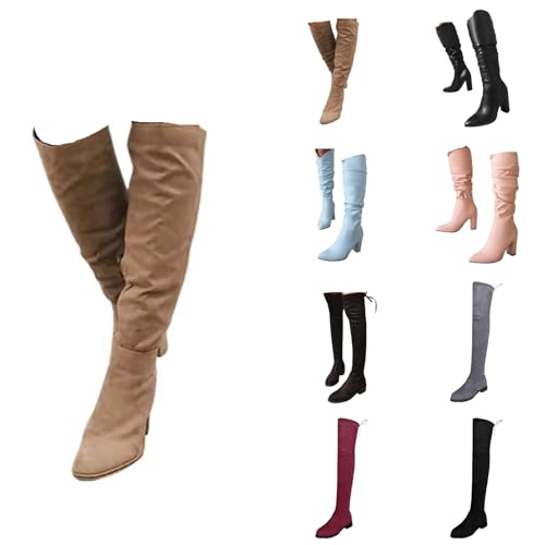 waterproof mid calf zipper boots Winter Boots for Women UK Waterproof Suede Wellies Over Knee Long Booties With Thick Heel Easy To Put Over Knee Wellies Fashionable Non Slip Beige high Booties