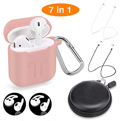 Cuauco AirPods Case Protective Silicone Cover with 2 Airpods Strap, 2 Airpods Ear Hook,1 Carabiner,1 Headphone Case for Apple Airpods Accessories (7 Pack)-(Pink)