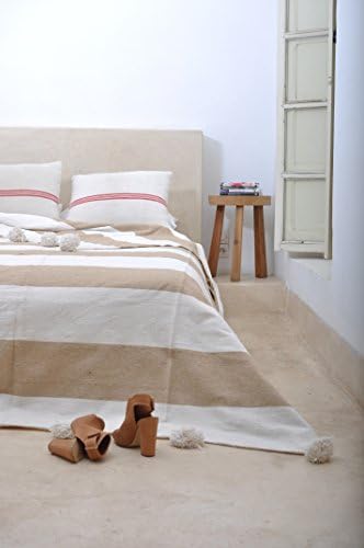 Champagne. Moroccan Pom Pom Blanket Throw, Quilt, Bedding, Cotton. Large (78 x 118 inches / 2 x 3 m)