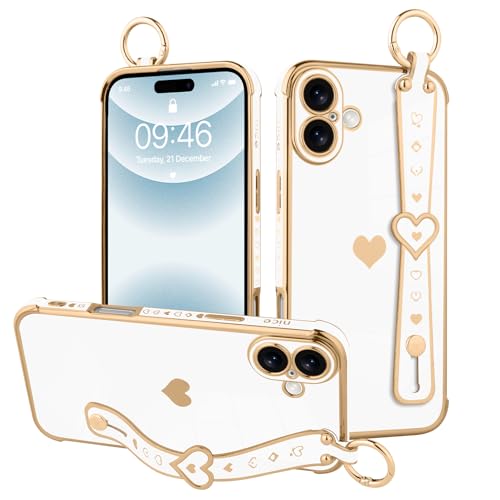 MOWIME for iPhone 16 Plus Case with Strap, Cute Love Heart Pattern for Women Girls Soft Plating Bumper Anti-Scratch Protective Cover with Wrist Band Kickstand Holder, White