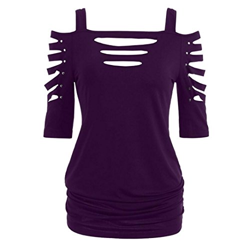 iYBUIA Womens Fashion Shoulder Cut Rivet Lacerated Sleeve T-shirt Hollow Out Casual Tops(Purple,S)
