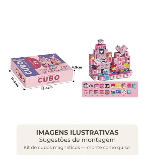 Blocos de Construção Magnéticos Castelos e Princesas, 80 Peças, Fansikids, Mini Cubos Educativos Empilháveis, Brinquedo Criativo para Crianças 3+ Anos, Kit Montagem com Ímãs
