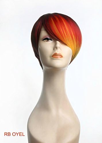 Natural Wig Bob Pixie Tousle Brown Red Yellow Color Block Ombre Heat Friendly Fire Resistant Kanekalon (2 Wig Caps Provided)