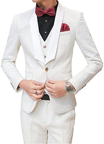 OUYE Men's White Rose Floral Embossed Suit 3 Piece Jacket Vest Pants Set