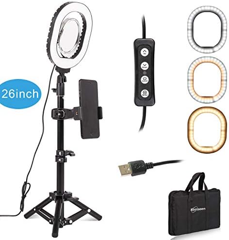 Portable LED Selfie Video Diva Ring Light Kit Dimmable Mini Led Lamp 7X6-inch with Tripod Stand & Cell Phone Holder for Tabletop Makeup Live YouTube Stream Photography Lighting in Carrying Bag