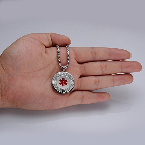 Medical Alert ID Necklace Stainless Steel Crystals Dog Tag for Women 24 inch Free Engraving - Thumbnail 2