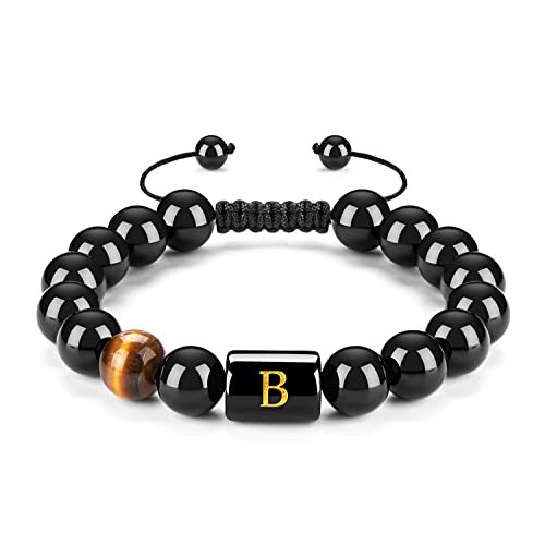 FRG Initials Bracelets for Men Letter Link Handmade Natural Black Onyx Tiger Eye Stone Beads Braided Rope Meaningful Bracelet