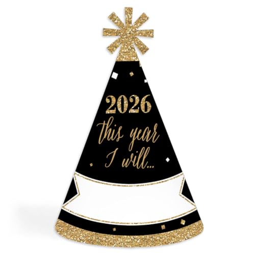 Big Dot of Happiness New Year's Eve 2026 Cone Hat, New Year's Eve Resolution Party Hats, 2026 Party Supplies, Set of 8 (Adult Size)