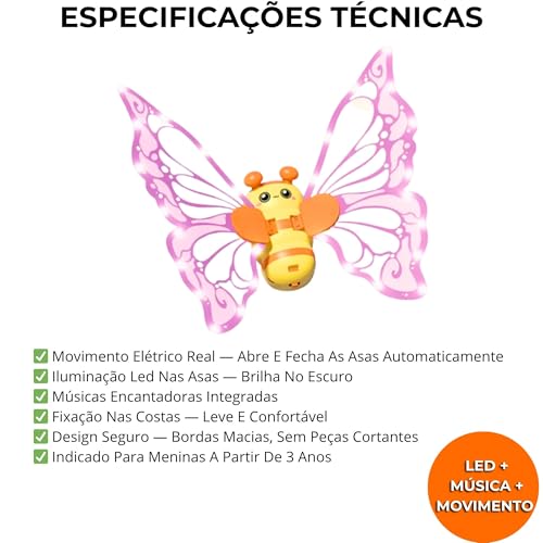 Asas de Borboleta Elétrica com Led, Luz e Música — Movimento Real, Fantasia Infantil Mágica, Para Meninas a Partir de 3 Anos