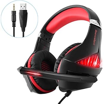Gaming Headset with Microphone, Noise Reduction Headphone, Over-Ear Bass Surround Sound Stereo Earphone, Volume Control Earmuffs LED Lights for PC Gamers/PS4/Xbox One/Laptop/Playstation (Black Red)