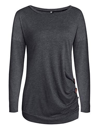 Women\'s Button-Down Pleated T-Shirt Round Neck Tops Casual Tunics Long Sleeve Blouse Grey XL