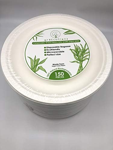 150 pcs Restaurant Grade, 10inch Heavy-Duty Quality,Natural Biodegradable, Disposable Bagasse, Eco-Friendly Made of Sugar Cane Fibers, Gluten free, Microwavable and Safe for Hot and Cold Foods