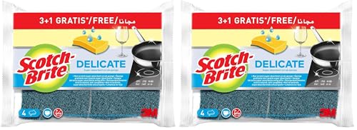 Scotch-Brite Delicate, Nicht kratzende Naturfaser-Spülschwämme, 3 Plus 1 GRATIS - hochsaugfähige Schwämme für Küche und Haushalt – schonend zu unbeschichtetem Kochgeschirr und Glas (Packung mit 2)