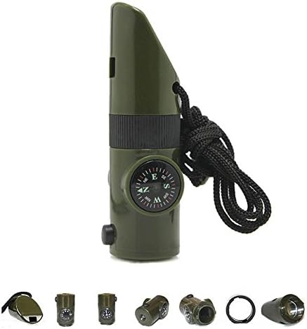 Greensummon 7 in 1 Emergency Survival Whistle, Compass, Magnifier Lens, LED Signal Lights, Survive Reflective Signal Mirror, Storage, Thermometer, with Lanyard for Camping, Hiking, Outdoor