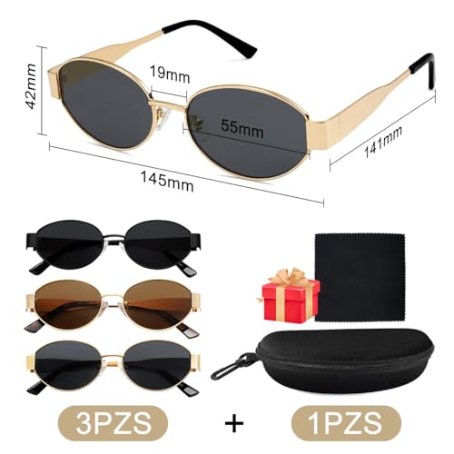 3 Piezas Lentes de Sol Ovalados para Mujer Dama y Hombre,Gafas de Sol Mujer Retro Moda,con Estuche y Paño Gafas,Protección UV400,para Conducir,Viajar, Hacer Deporte