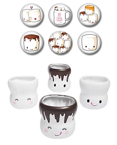Cute Marshmallow Mugs 6 oz Hot Chocolate Cups- VINYL -Set of 4 with Six Coordinating Fridge Magnets Christmas Gift Set Stocking Stuffers