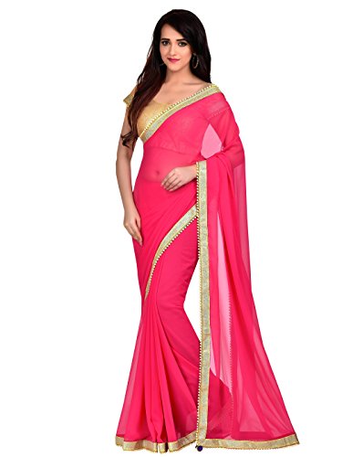 Shonaya Women's Lace Border Georgette Pink Designer Saree With Unstitched Blouse Piece